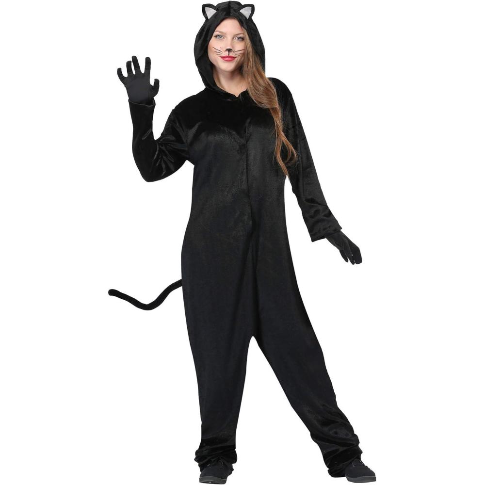 imageBlack Cat Costume for Adults Hooded Jumpsuit with Stuffed Tail and Ears
