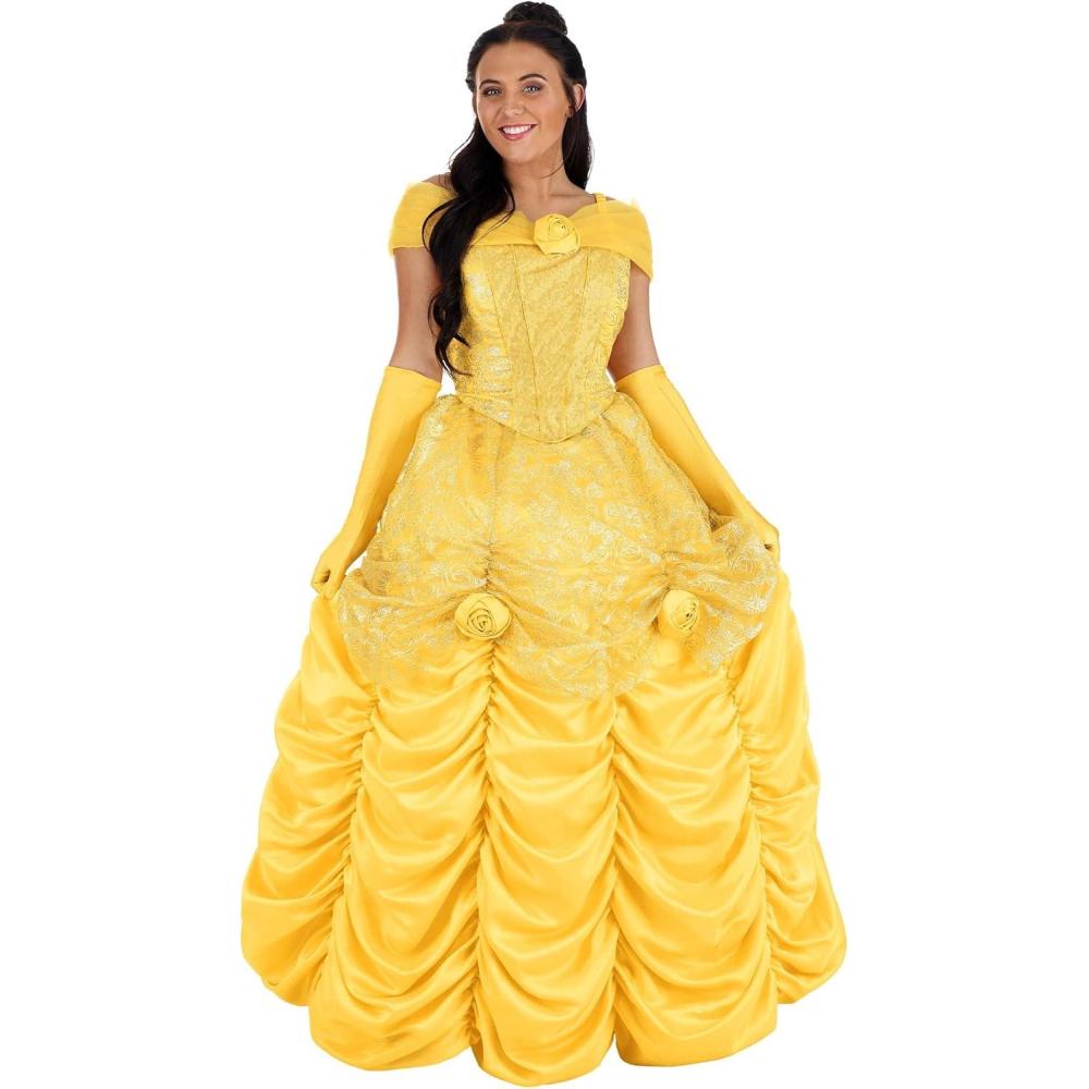 imageDisney Womens Belle Costume Dress  Beauty and the Beast Premium Yellow Ball Gown with Gloves for Halloween Cosplay