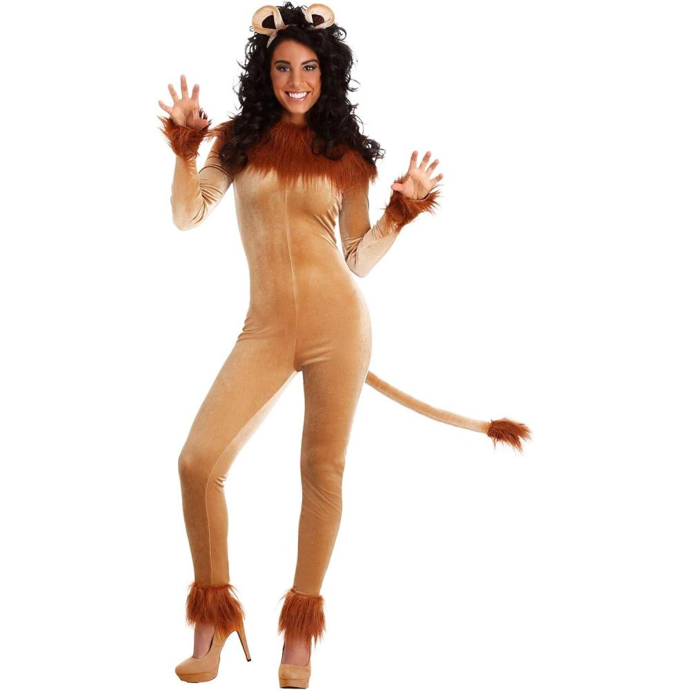 imageFierce Lion Womens Costume Jumpsuit with Faux Fur Collar Cuffs Headband ampamp Tail