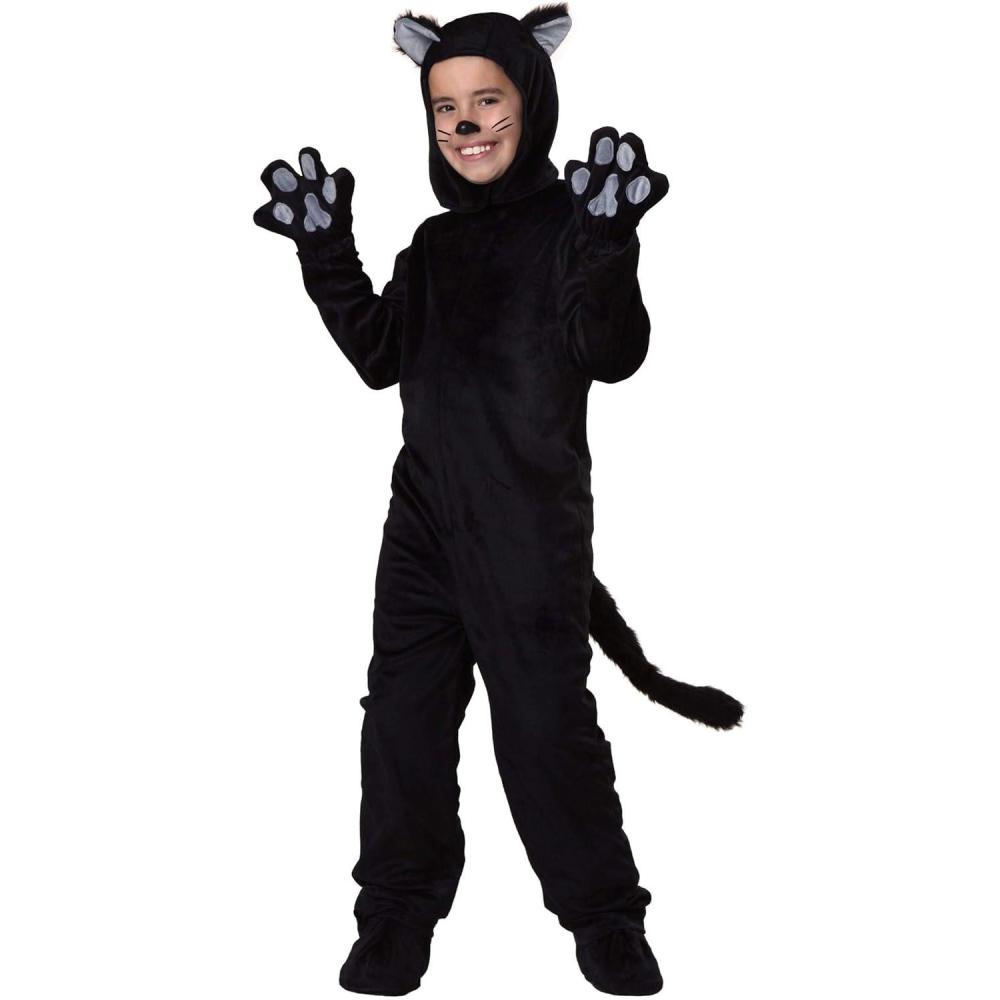 imageKids Black Cat Costume  Velour Jumpsuit Mitts Headpiece Shoe CoversBundle W Makeup Kit