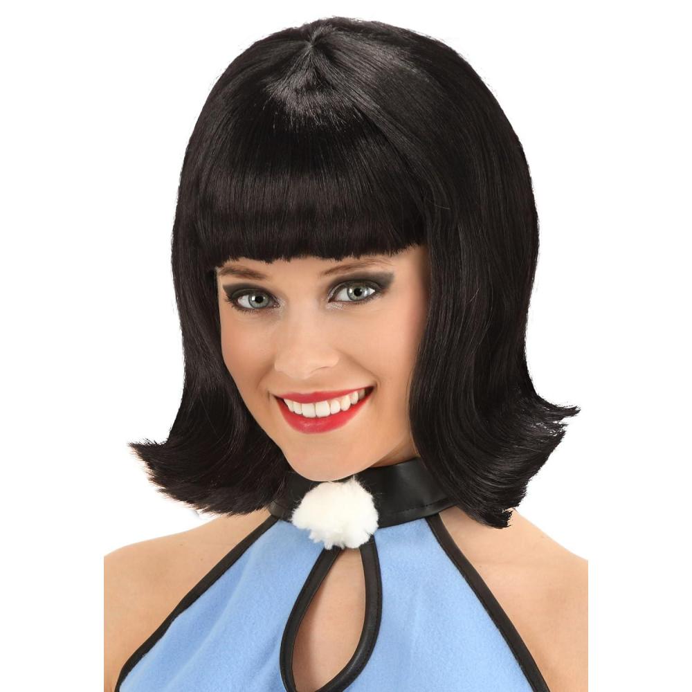 imageLF Products Pte Ltd Womens Deluxe Betty Rubble Wig Black Hair with Bangs for Prehistoric Costume Mesh Cap with Elastic Edge Accessoriesone size