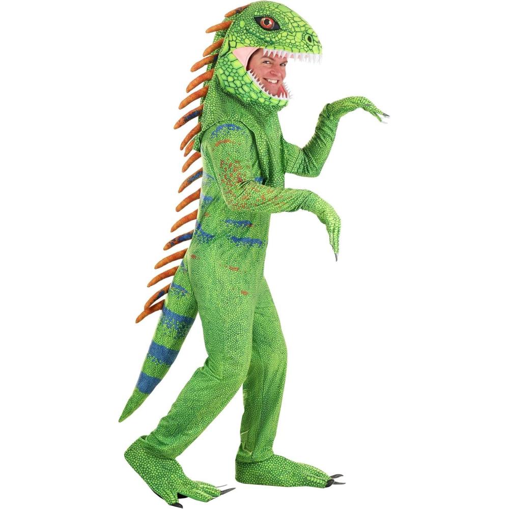imageRealistic Lizard Costume Adult Green Iguana Jumpsuit Halloween Cosplay Polyester Reptile Outfit
