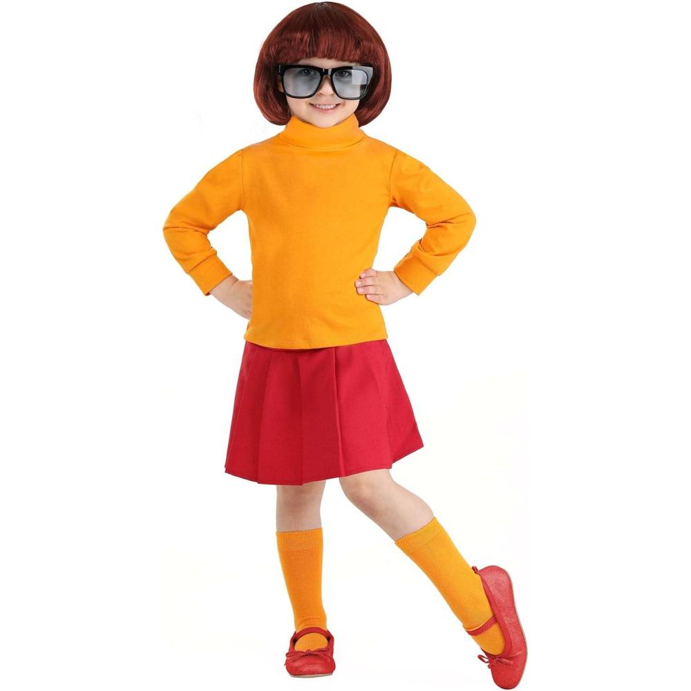 imageScooby Doo Velma Costume for Toddlers Orange Turtleneck Sweater ampamp Knee High Socks Red Skirt ampamp Glasses
