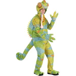 Adult Chameleon Halloween Costume | Realistic Reptile Jumpsuit with Headpiece, Gloves, and Shoe Covers for Themed Events