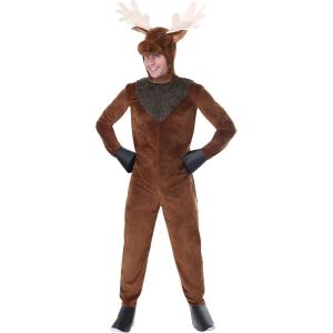 Adult Moose Costume | Hooded Animal Jumpsuit with Tail and Antlers, Attached Shoe Covers for Halloween, Holiday