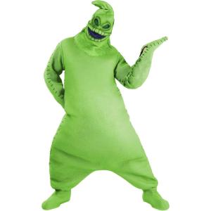 Adult Oogie Boogie Costume | Disney Nightmare Before Christmas Neon Green Burlap Jumpsuit with Mouth Mover Mask