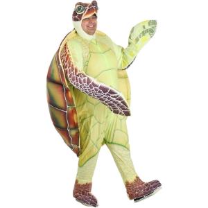 Adult Plus Size Sea Turtle Halloween Costume | Ocean Animal Jumpsuit for Men & Women with Shell, Attached Mitts & Shoe Covers