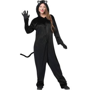 Black Cat Costume for Adults, Hooded Jumpsuit with Stuffed Tail and Ears
