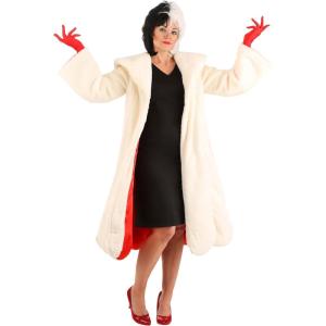 Disney 101 Dalmatians Adult Cruella De Vil Costume Womens, Black Dress & White Faux Fur Coat Outfit
