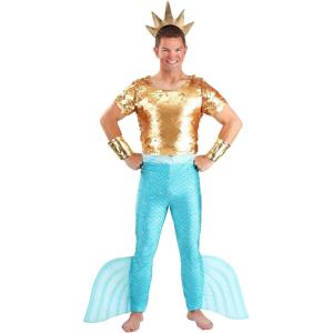 Disney The Little Mermaid King Triton Costume for Adults, Poseidon Merman Suit Cosplay or Atlantis Sea God Dress-Up