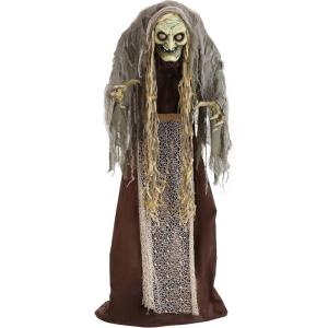 Fun Costumes 5ft Scary Witch Animatronic Outdoor & Indoor Decoration, Life Size Battery Operated Sound Light-Up Glowing Eyes Creepy Display Decor(Standard)
