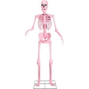 Fun Costumes 8FT Animated Outdoor Yard Skeleton Decoration, Motion Sensor Eyes Flashing LED Light with Moving Jaw, Animatronic Skeleton Halloween Decoration(Pink)