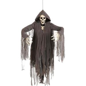 Fun Costumes Animated Grim Reaper Decoration | 5-Foot Tall Hanging Animatronic with Digital Eyes, Molded Plastic and Gauze