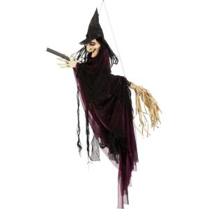 Fun Costumes Flying Scary Witch on Broom Wizard Indoor & Outdoor Decoration, Hanging Light-Up LED Screaming Creepy Display(Standard)