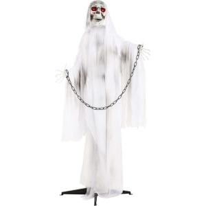 Fun Costumes Haunted Ghost Animatronic Decoration Chained Ghost Light-Up Eyes, Posable Arms 5.5Ft Tall Stand Battery Operated – Standard, White