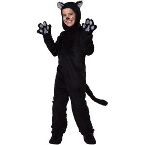 Kids Black Cat Costume – Velour Jumpsuit, Mitts, Headpiece, Shoe Covers(Bundle W/ Makeup Kit)
