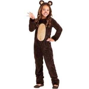 Kids Brown Bear Costume with Headband – Girls Grizzly Bear Jumpsuit – Child Animal Halloween Costume