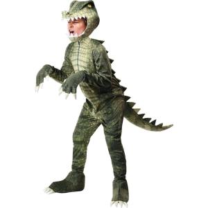 Kids Dangerous Alligator Costume Boys, Green Reptile Hooded Jumpsuit Halloween Outfit(Bundle W/ Makeup Kit)