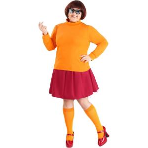 Plus Size Women’s Scooby Doo Velma Costume, Orange Turtleneck Sweater & Knee High Socks, Red Skirt & Glasses(Scooby Doo Velma Costume)