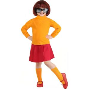 Scooby Doo Velma Costume for Toddlers, Orange Turtleneck Sweater & Knee High Socks, Red Skirt & Glasses