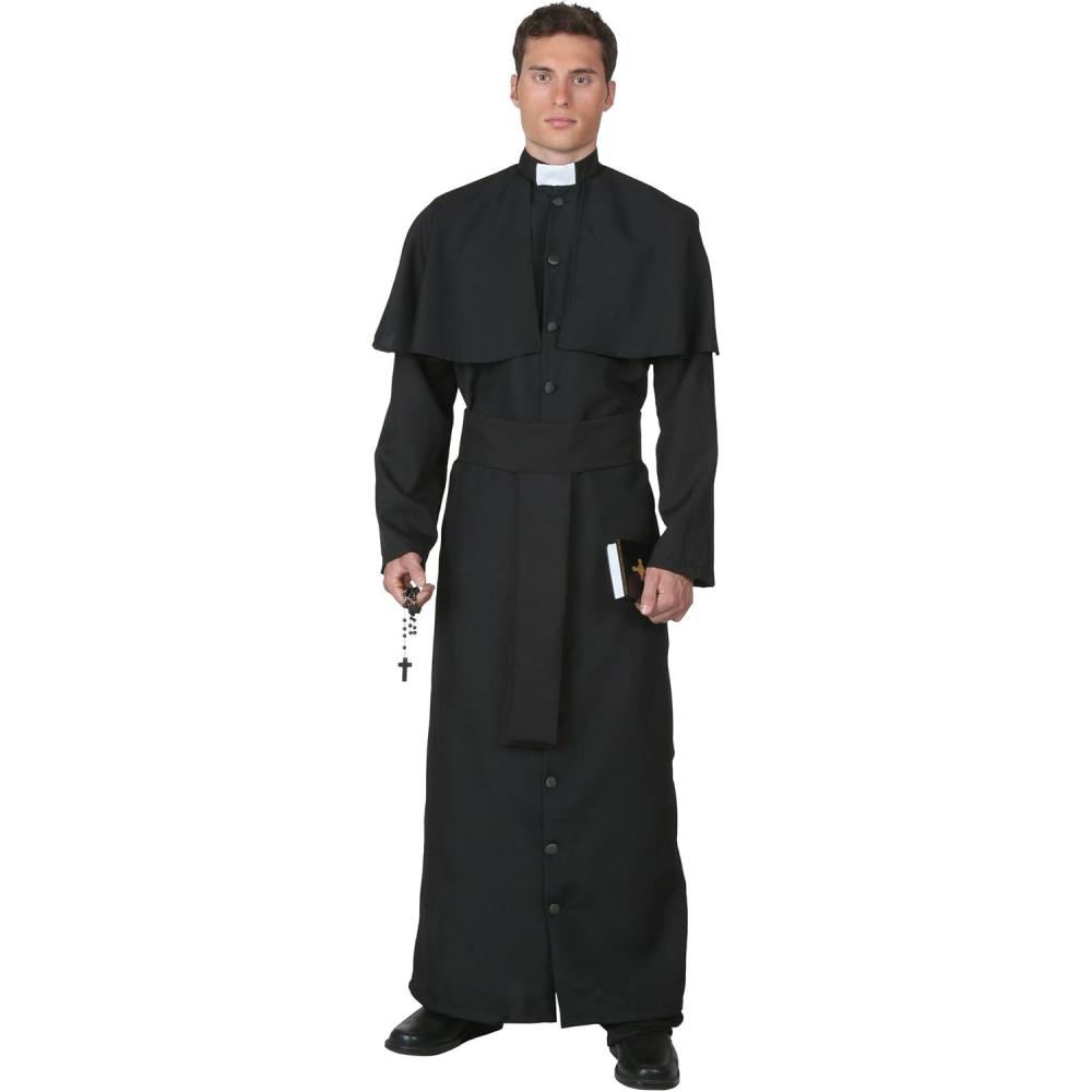 imageAdult Deluxe Priest Costume Mens Religious Halloween Outfit Long Sleeved Black Holy Cloak and Clerical Collar