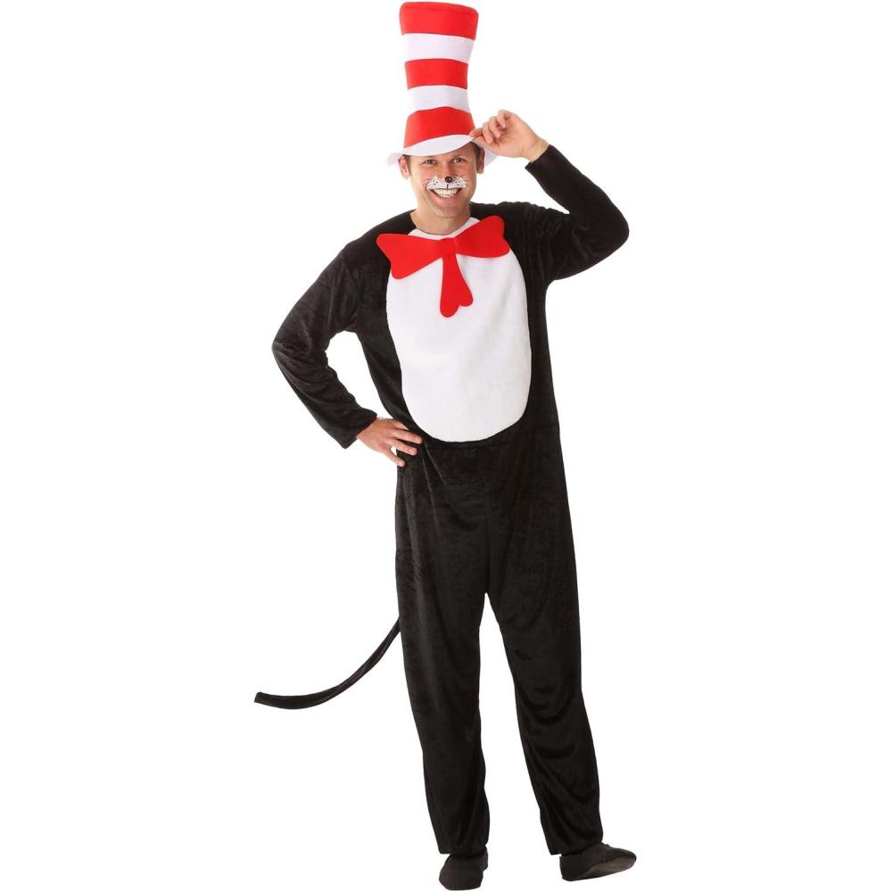 imageDr Seuss Adult Cat in the Hat Costume  Crushed Velvet Jumpsuit with Striped Felt Hat Officially LicensedBlack