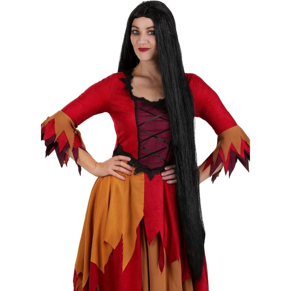 imageFun Costumes Adults 40 Inch Long Black Synthetic Hair Costume Wig  Gothic Straight Wefts with Center Part Elastic Edge for Snug Fit  Standard  Black