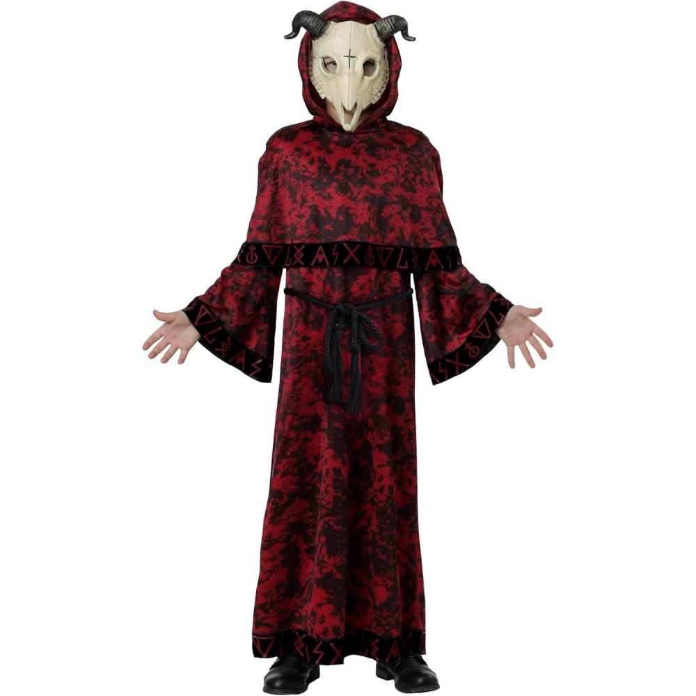 imageFun Costumes Evil Skull Demon Costume for Kids Ram Skull Masked Robed Costume Scary Halloween Costume  Red Medium