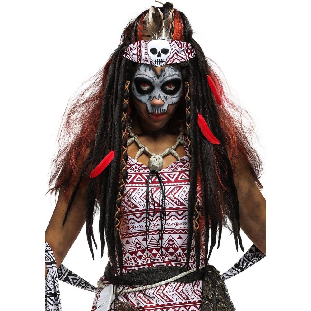 imageFun Costumes Voodoo Witch Doctor Costume Wig for Women  Voodoo Priestess Cosplay Wig with Dreadlocks Bandana ampamp Feathers  Red StandardStandard