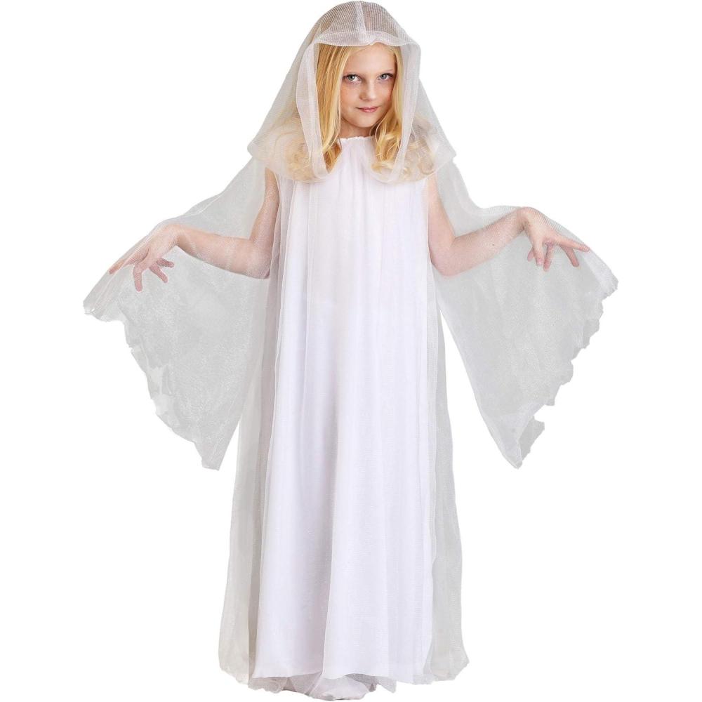 imageGirls Haunting Ghost Costume  Hooded Dress with Jagged Edges and Knit Mesh Overlay
