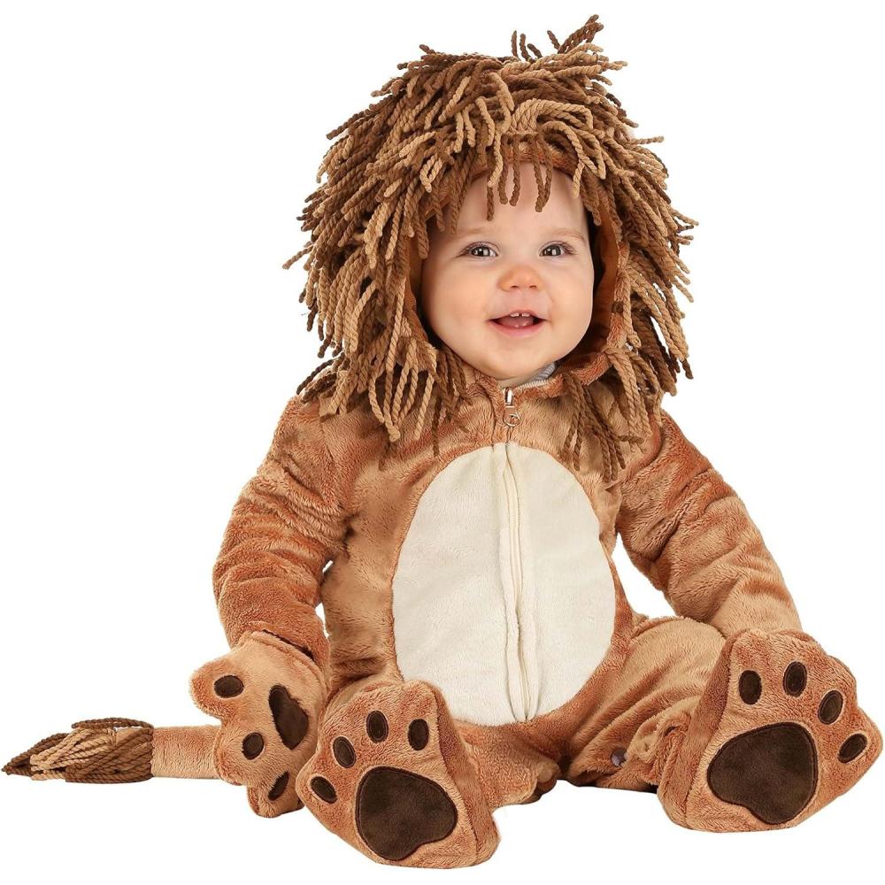 imageInfant Lion Onesie Costume Baby Hooded Lion Costume with Yarn Mane and Tail Details Attached Mitts and Booties