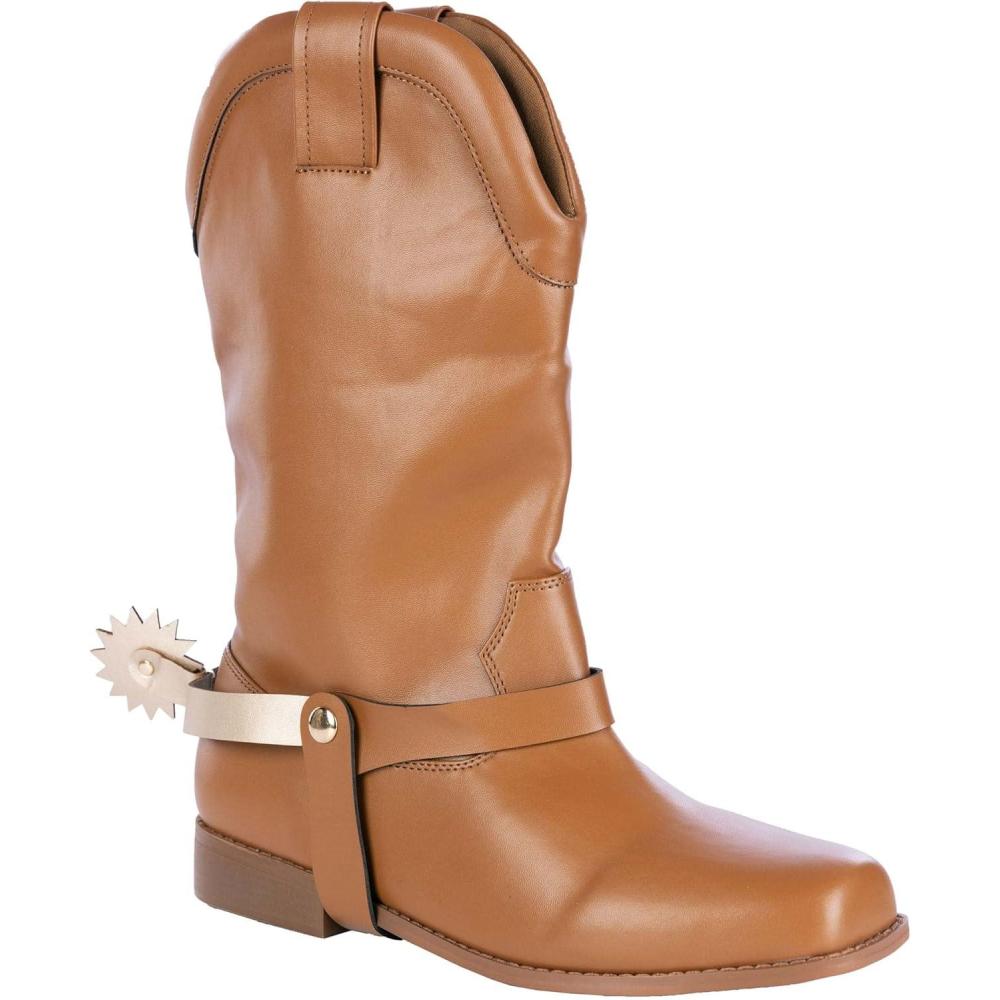 imageKids Cowboy Costume Boots  Faux Leather Boots with Notched Faux Leather Wheel Spurs for Halloween or Dress UpGolden Brown