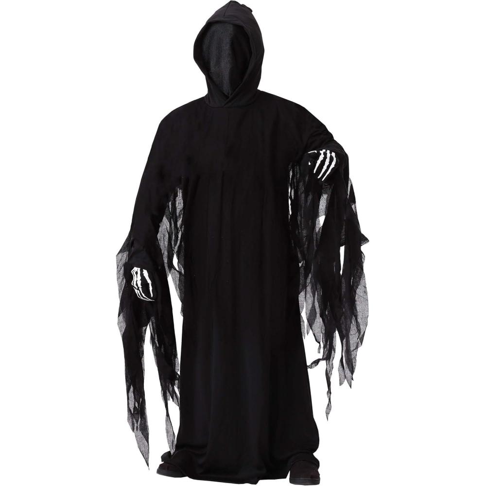 imageKids Dark Reaper Halloween Costume Child Grim Reaper Outfit Black Robe Blackout Hood and Mesh Drape Sleeves