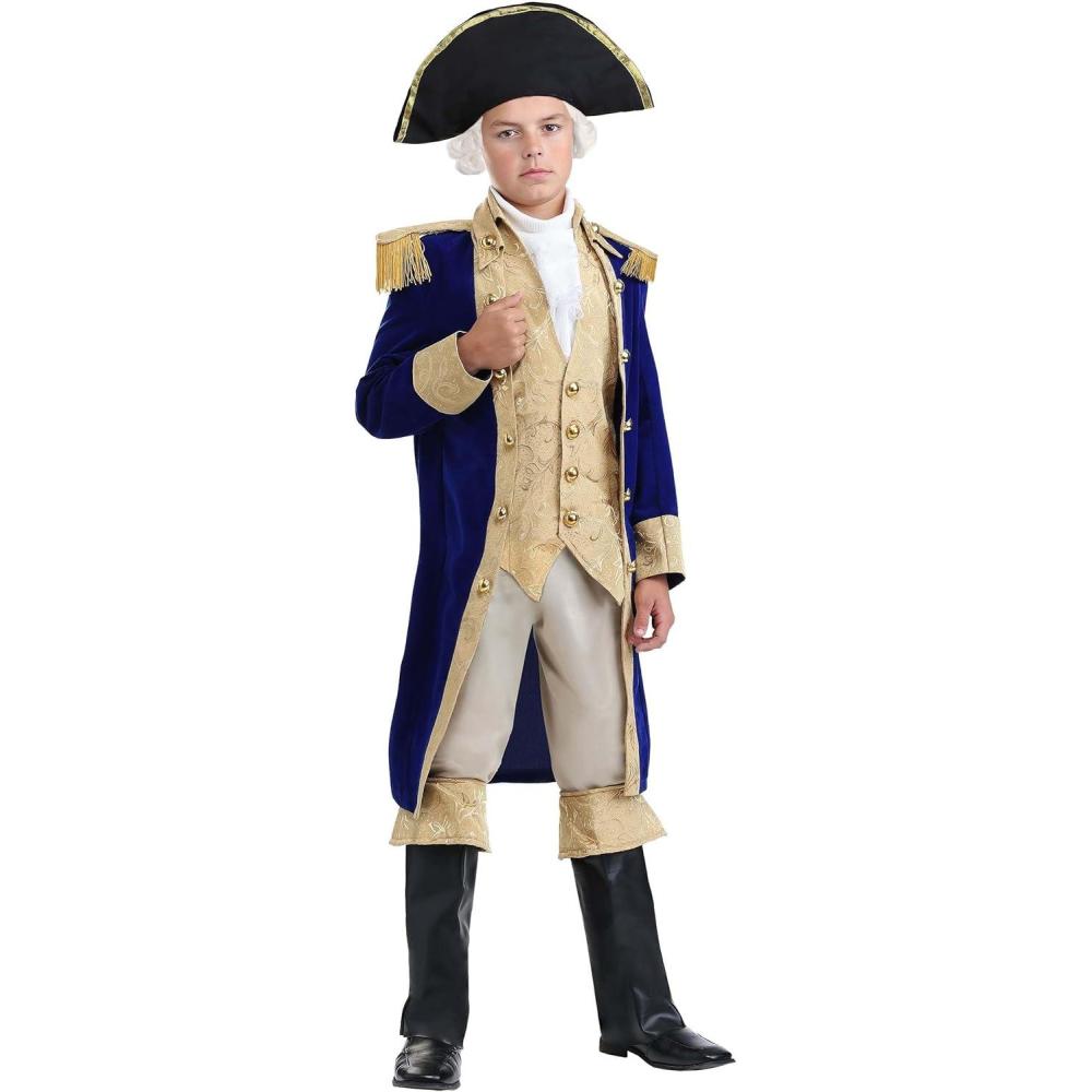 imageKids George Washington Costume for Boys Navy Blue Founding Fathers Halloween Outfit Historic Costumes for KidsBundle W Wig