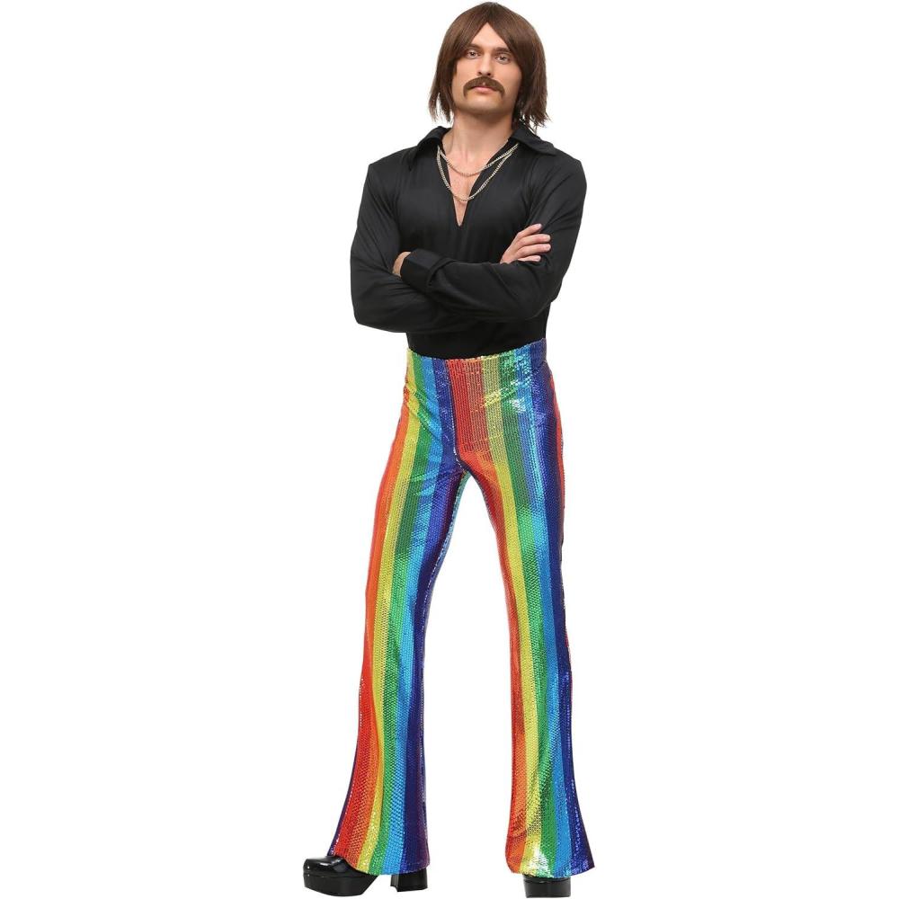 imageMens Disco King Costume  Rainbow Sequin Bell Bottom Pants  70s 80s Groovy Hippie Disco Themed Party Outfit