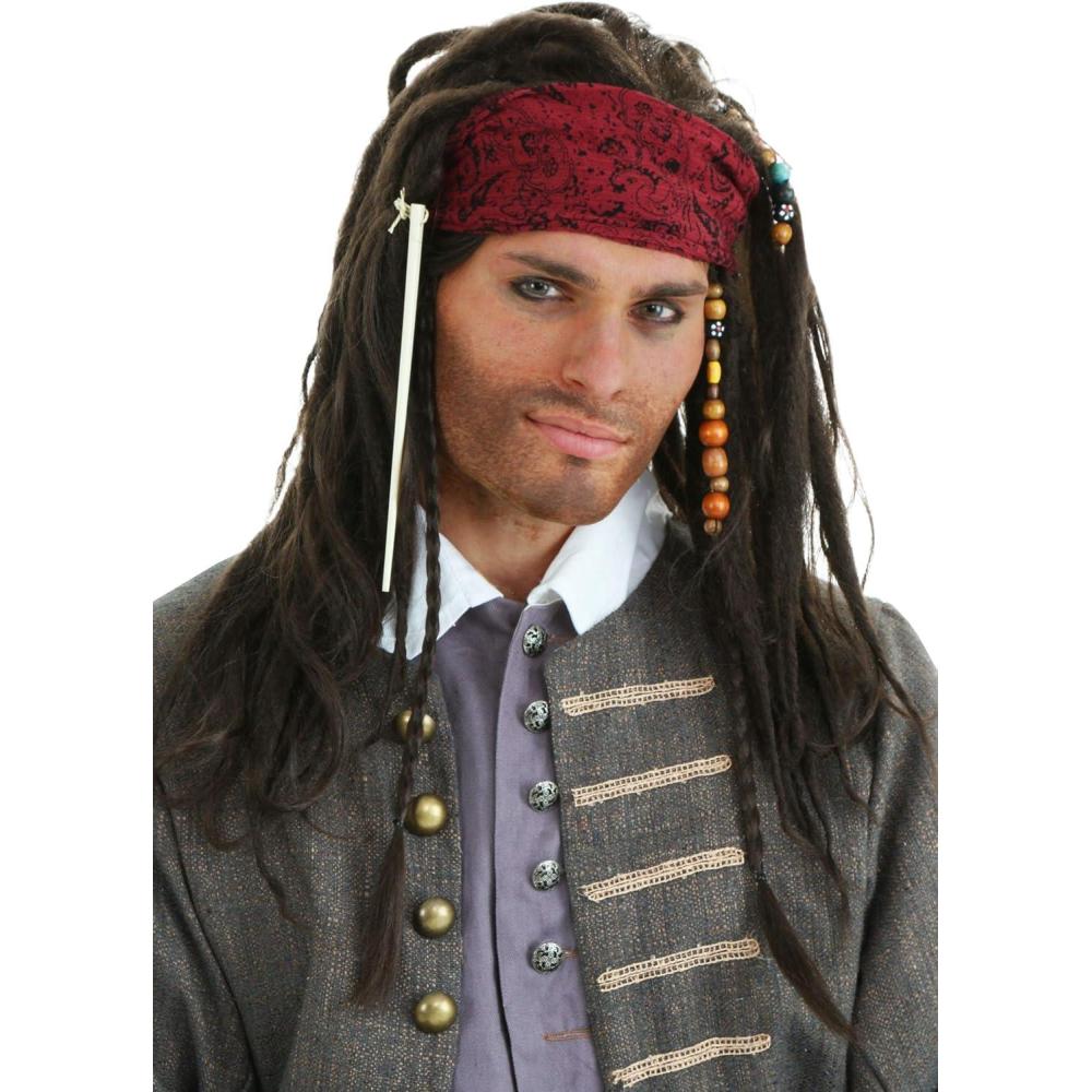 imageRealistic Pirate Wig for Adults  Curly Braided Caribbean Wigs ampamp Bandana  Buccaneer Costume Accessory Set Standard BundleStandard
