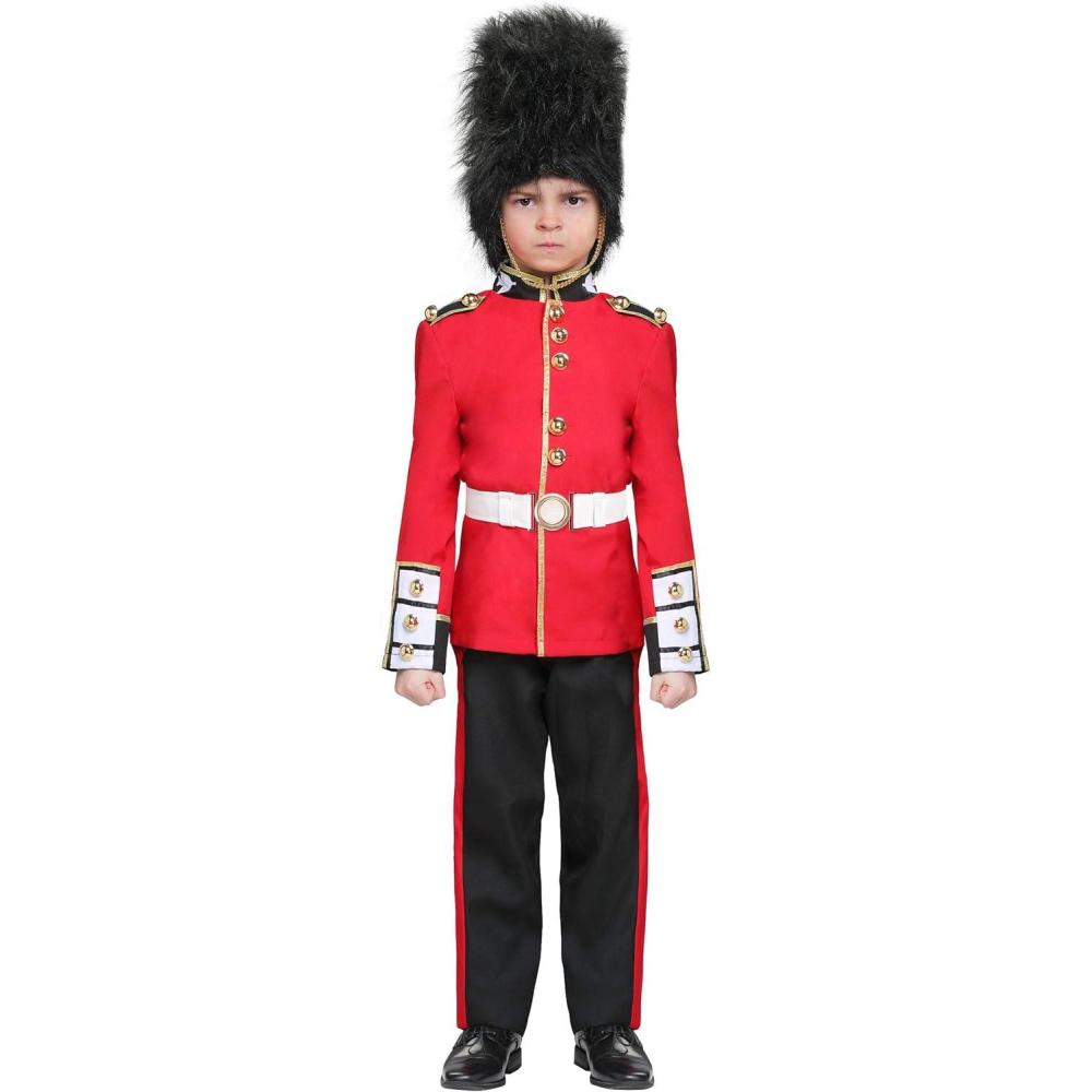 imageRoyal Guard Costume for Boys British Red Suit with Bearskin Cap Royalty Cosplay Set with Coat Pants Belt Hat