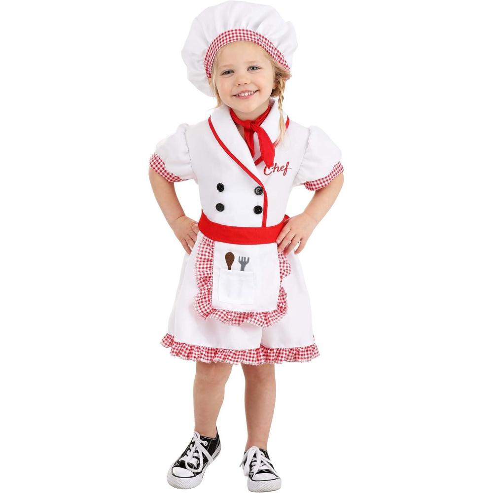imageToddler Fresh Chef Costume for Girls  Dress Hat Scarf ampamp Apron with Gingham Trim
