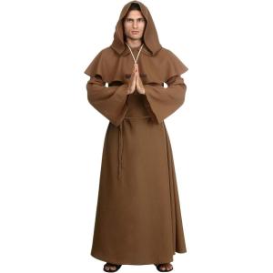 Adult Brown Monk Robe Costume, Hooded Brown Franciscan Saint with Flared Sleeves and Cord Belt(Brown)
