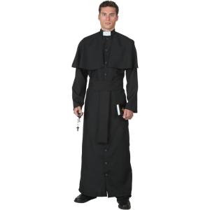 Adult Deluxe Priest Costume Mens, Religious Halloween Outfit, Long Sleeved Black Holy Cloak and Clerical Collar