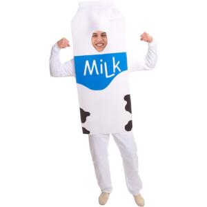 Adult Milk Costume for Halloween Thigh-Length Tunic with Hood, “Milk” Printed Design Food & Drink Theme.