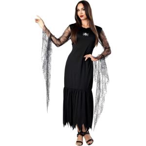Adult Morticia Addams Dress Costume, Woman’s Halloween Costumes, Black Spiderweb Pattern Halloween Dress