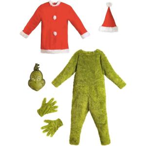 Adult Santa Grinch Deluxe Costume | Men’s Dr. Seuss Complete Outfit – Faux Fur Jumpsuit, Tunic & Hat, Front Mask, Gloves