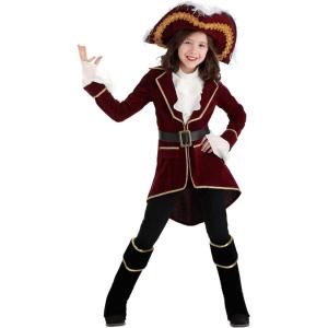 Captain Hook Costume For Kids, Child Pirate Captain Attire With Velvet Jacket, Neck Scarf, Belt, Hat, And Boot Tops