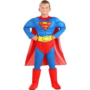 DC Comics Classic Superman Deluxe Kids Costume with Cape, Muscle Padded Jumpsuit w/attached Boot Covers, Briefs & Belt