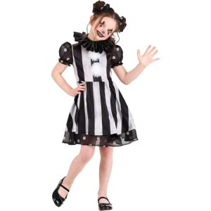 Dark Circus Clown Girl’s Costume – Polka Dot Dress with Collar and Hair Bows, Chiffon and Foam Details