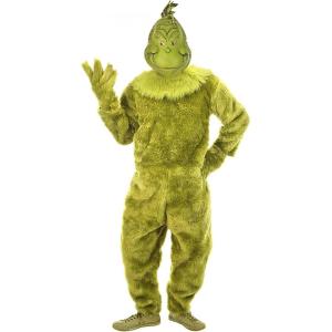 Deluxe Adult Grinch Costume | Men’s Dr. Seuss The Grinch Green Jumpsuit with Latex Full Mask, Collar & Elongated Gloves