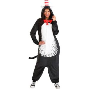 Dr. Seuss Cat in the Hat Adult Costume Onesie – Hooded Jumpsuit for Halloween, Cosplay, or Pajama Parties