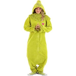 Dr. Seuss The Grinch Costume for Adults, Grinch Jumpsuit With Hood, Furry Green Monster Onesie Outfit