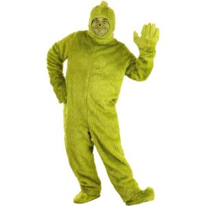 Dr. Seuss The Grinch Open Face Adult Plus Costume, Faux Fur Jumpsuit, Shoe Covers & Gloves – Officially Licensed
